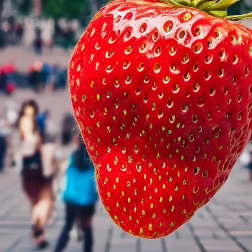 Prompt: super wide shot of giant strawberry on red square, 4 k, bokeh