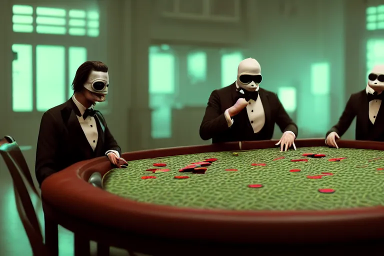 Image similar to hyperrealism simulation highly detailed human turtles'wearing detailed tuxedos and smoking, playing poker in hyperreilsm scene from cyberpunk movie from future by wes anderson and denis villeneuve and mike winkelmann rendered in blender and octane render