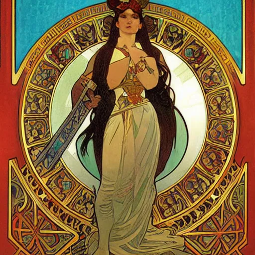 Image similar to legendary warrior, painted by alphonse mucha