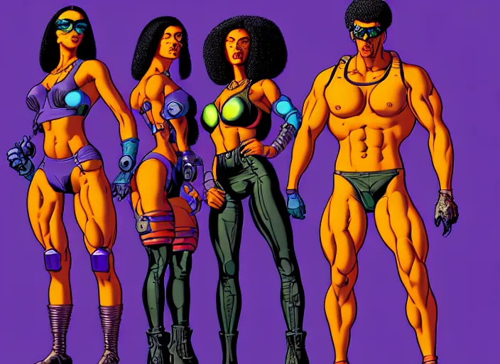Image similar to cyberpunk bodybuilder gang. portrait by stonehouse and mœbius and will eisner and gil elvgren and pixar. character design. realistic proportions. cyberpunk 2 0 7 7 character art, blade runner 2 0 4 9 concept art. cel shading. attractive face. thick lines. the team. diverse characters. artstationhq.