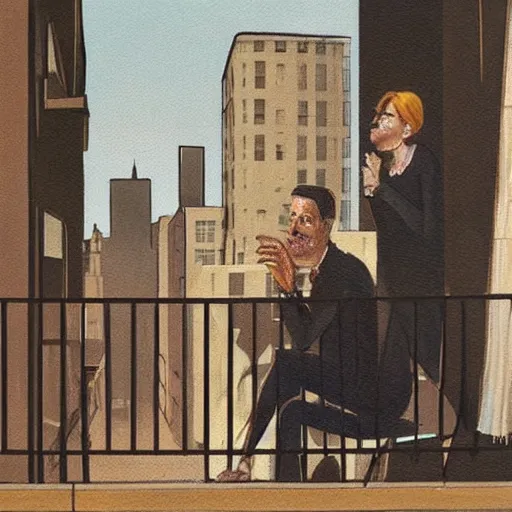 Prompt: painting of a rich man and woman sitting on the balcony of an apartment building in nyc watching the people below as they run away from zombies