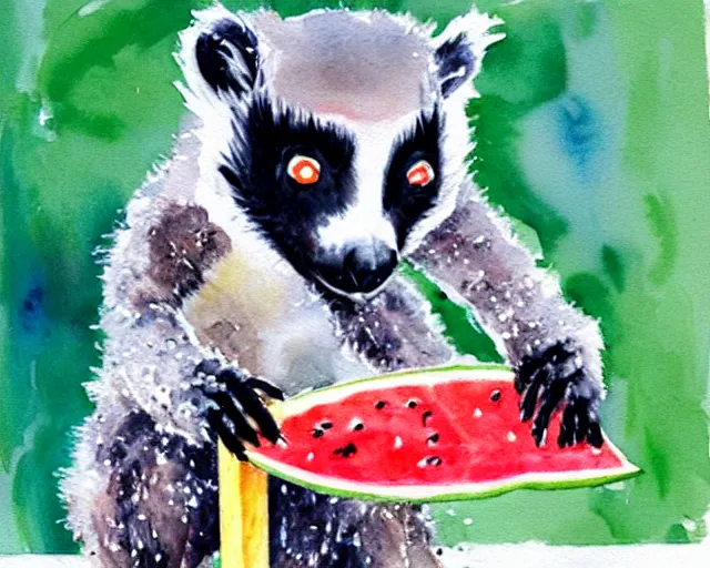 Prompt: a bright happy bill waterson watercolour of a lemur eating a watermellon popsicle