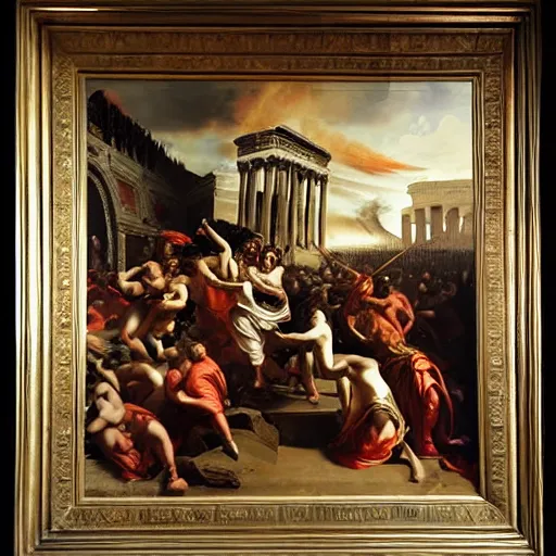 Prompt: the fall of rome, dramatic neoclassical painting, brutalist architecture, fire and chaos, very detailed, award winning