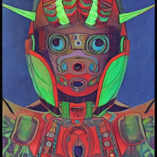 Image similar to robot wearing a luna moth mask, by annie swynnerton and leo and diane dillon and adolf wolfli and ( diego rivera ), elaborate costume, little glowing lights, rich color, dramatic cinematic lighting, smooth, sharp focus, extremely detailed