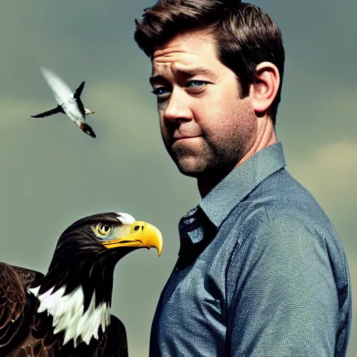 Prompt: john krasinski saluting a bald eagle, portrait, beautiful, patriotic, perfect face, spontaneous portrait, sharp focus, octane