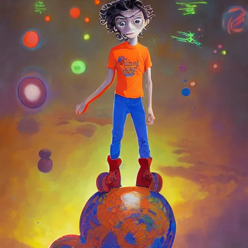 Prompt: a skinny young man at school with wavy hair and glowing orange eyes as a super hero, pixar cute, highly detailed, sharp focus, neon color, digital painting, floating particles, artwork by Jeremiah Ketner + Mati Klarwein + Fintan Magee + Chris Mars, background artwork by greg rutkowski