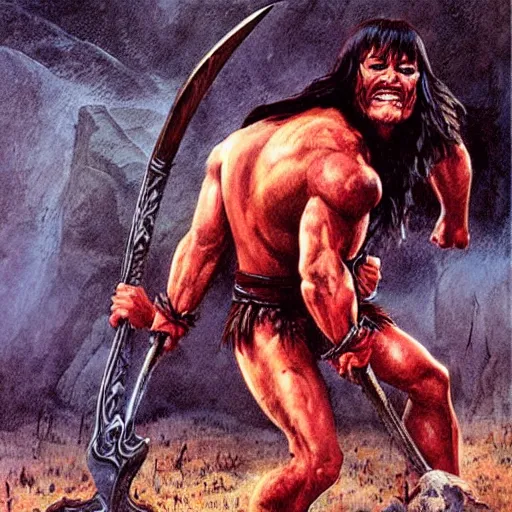 Image similar to “ conan the barbarian ” swings a “ great axe ” at a “ giant black spider, with red eyes ”. painting by ernie chan and earl norem.