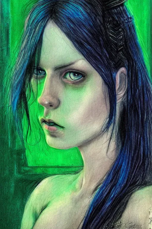 Image similar to blue hair girl with pale skin in a gloomy hotel room with green neon lights. portrait drawing by enki bilal. Art Nouveau, Neo-Gothic, gothic, rich deep moody colors