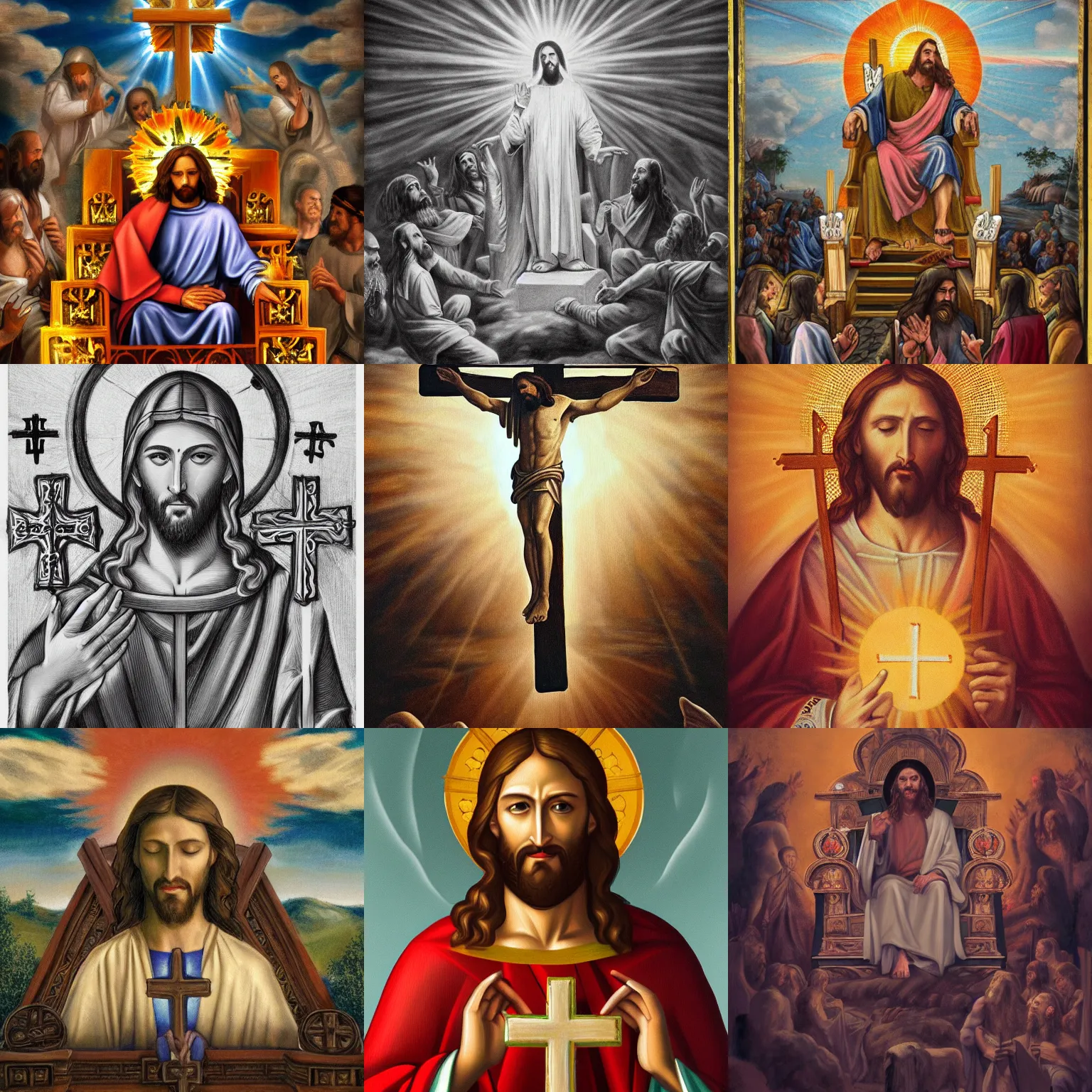 Prompt: jesus christ is seated on a throne of crosses, watching his people from heaven, naturalistic paiting, rays from the sun, sun lens, renaissance drawing, artstation,