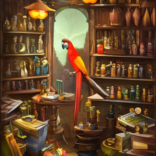 Image similar to MTG artwork of Anthro parrot trader in his shop, shelves full, selling a gem, portrait, items, magic potions, carpet, window, fancy funny hat, sly expression , cunning expression, cute expression, presenting magic gem, D&D, fantasy, cinematic lighting, highly detailed, digital painting, artstation, concept art, smooth, sharp focus, illustration, warm light, cozy warm tint, magic the gathering artwork, volumetric lighting, 8k, no gold, no gold colours, art by Akihiko Yoshida and Greg Rutkowski