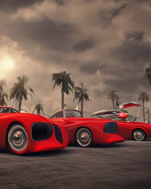 Image similar to vast car show with luxury cars of 1940s, volumetric lighting, 1940s palette, hyper realism, high detail, octane render, high contrast , 8k