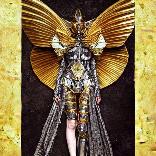 Image similar to haute couture scale armour sf paladin editorial by klimt, biomechanical hornet with metal couture wings by malczewski, ornate wh 4 0 k chaos lord in gold, bismuth and obsidian by giger, on bloody cosmic battleground by alphonse mucha