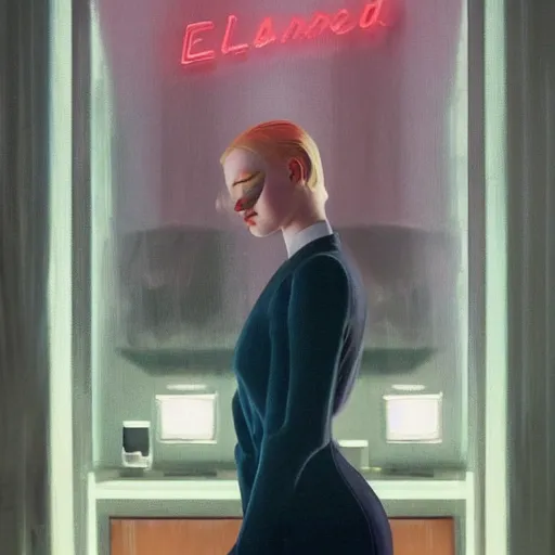 Image similar to Elle Fanning as an android in the world of Edward Hopper, stormy weather, extremely detailed masterpiece, oil on canvas, low-key neon lighting, artstation, Blade Runner 2049, Roger Deakin’s cinematography, by J. C. Leyendecker and Peter Paul Rubens,