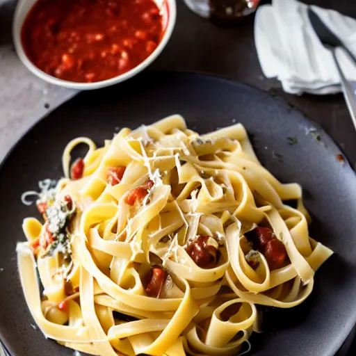 Prompt: a fettuccine pasta with cola sauce, food photography