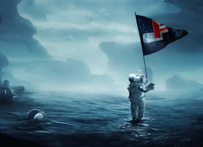 Image similar to astronaut holding a flag in an underwater desert. a submarine is visible in the distance. dark, concept art, cinematic, dramatic, atmospheric, 8 k, trending on artstation, blue, fish, low visibility, fog, ocean floor, christopher nolan, interstellar