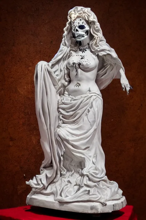 Prompt: full body of La catrina statue sculpted on white marble with blood stains by Bernini and kris kuksi