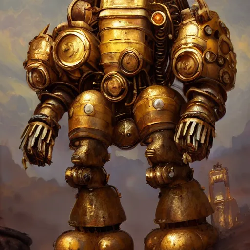 Prompt: a Steam powered mechanical golem in golden plate armoring, forward facing angle, steampunk concept art, character design, stunning 3d render , art by Tooth Wu and justin gerard and Blizzard studios, 8k octane beautifully detailed render, post-processing, extremely hyperdetailed, intricate complexity, epic composition, grim yet sparkling atmosphere, masterpiece, trending on artstation