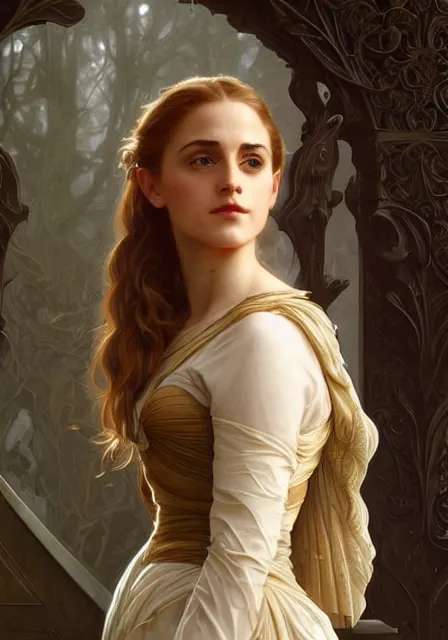 Prompt: sansa emma watson, intricate, elegant, highly detailed, digital painting, artstation, concept art, smooth, sharp focus, illustration, art by artgerm and greg rutkowski and alphonse mucha and william - adolphe bouguereau