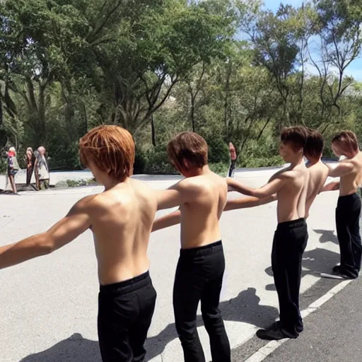 Prompt: beautiful boys, human chain join from the back and front