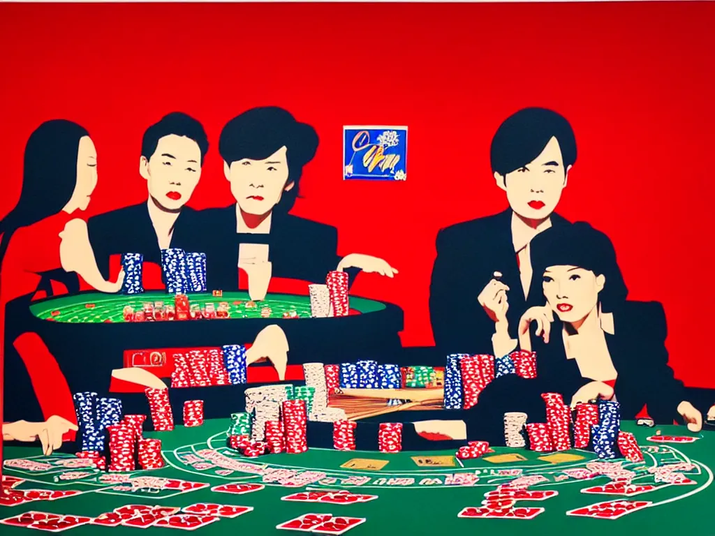 Prompt: hyper - realistic composition of a room in a casino with an extremely detailed poker table, croupier in traditional japanese kimono standing nearby fireworks in the background, pop art style, jackie tsai style, andy warhol style, acrylic on canvas