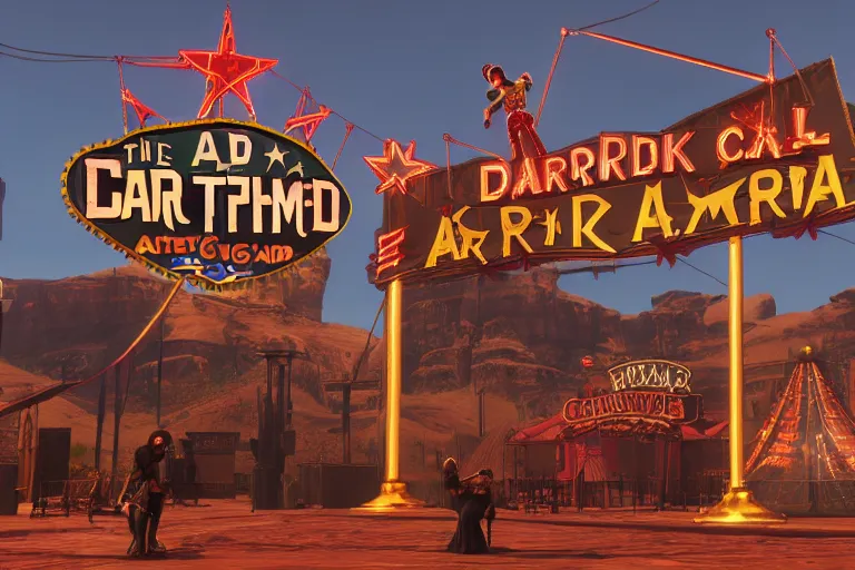 Image similar to 3d sculpt of an arched sign for a circus called 'the dark metal carnival', red dead redemption2, las vegas, artstaton, digital illustration