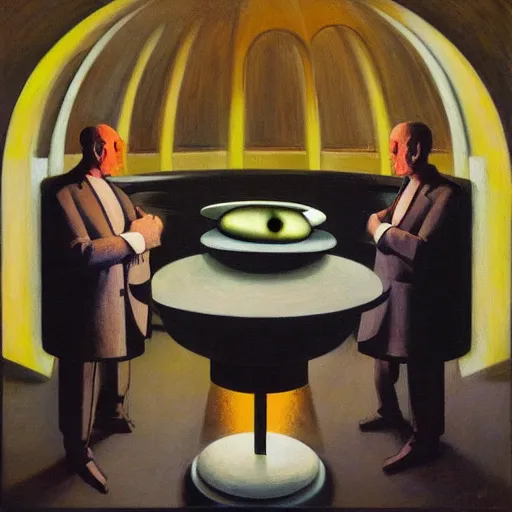 Image similar to three brutalist judges with glowing eyes, inside a dome, pj crook, grant wood, edward hopper, syd mead, chiaroscuro, oil on canvas