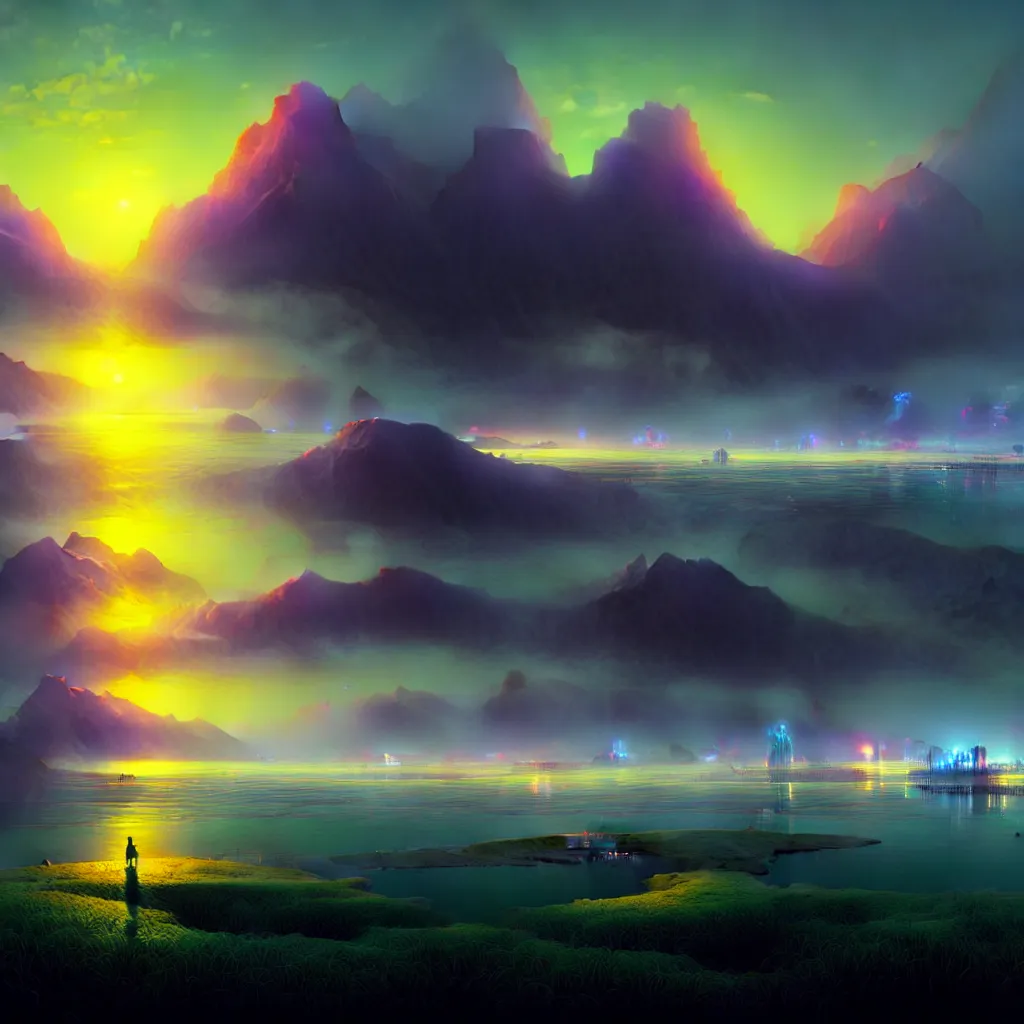 Prompt: a beautiful surreal landscape digital art of the loktak lake, in the style of dan mumford and Ivan Aivazovsky, in the background a futuristic cyberpunk city with lit windows is seen.