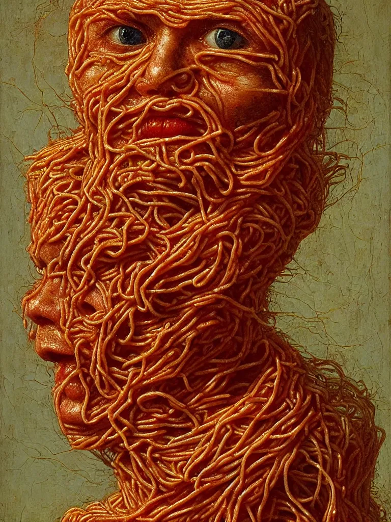 Prompt: a boy made of spaghetti and tomato, looking into camera, screaming in pain, by giuseppe arcimboldo and ambrosius benson, renaissance, intricate and intense oil paint, a touch of beksinski and hr giger and edward munch, realistic
