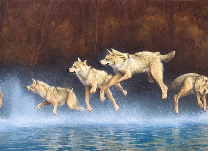 Image similar to a group of wild wolves jumping into a pool, oil painting by ralph maquarrie and james gurney, soft edges, subtle colours