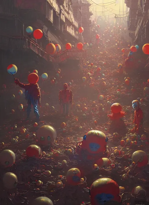 Image similar to masterpiece concept art, neon scary clowns, by greg rutkowski and geof darrow, 8 k, intricate detail, cinematic lighting