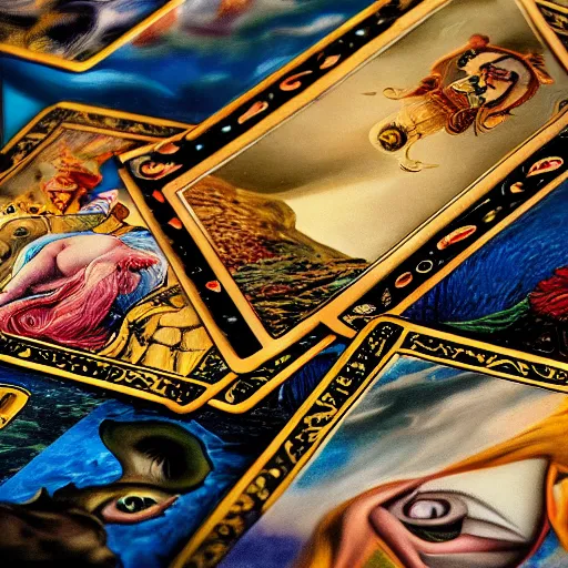 Image similar to The full deck of tarot cards in the style of Salvador Dali, hyperrealistic, highly detailed, depth of field, High definition, 8k, octane render, artstation