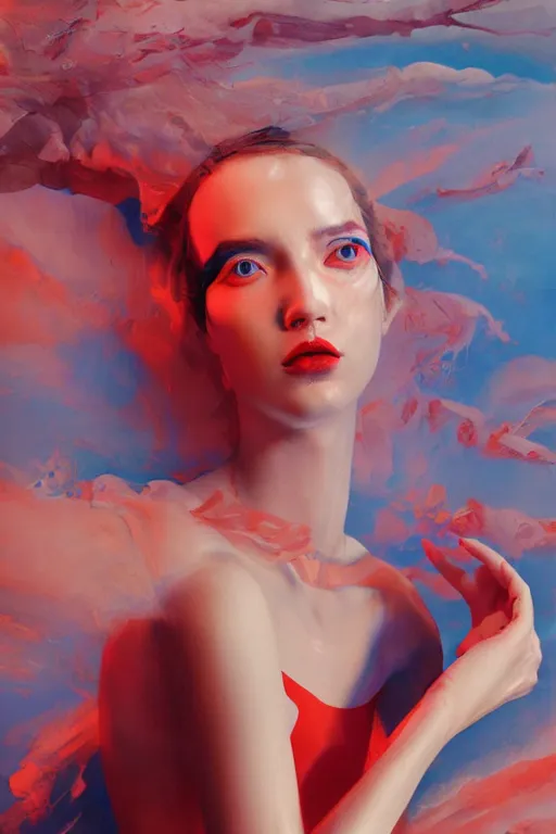 Image similar to 3 d, sci - fi, morning, sleepy fashion model face, sun, cinematic, lightning clouds, vogue cover style, stanley kubrick, light red and deep blue mood, realistic painting, intricate oil painting, high detail, figurative art, multiple exposure, poster art, 3 d, by tooth wu and wlop and beeple and greg rutkowski