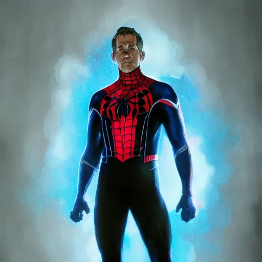 Image similar to ryan reynolds as a black and blue suit spider - man, cinematic, volumetric lighting, f 8 aperture, cinematic eastman 5 3 8 4 film, photorealistic by greg rutkowski, by stanley artgerm, by alphonse mucha