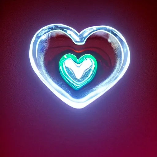 Prompt: a chrome carved heart, glowing gemstone, red light, intricate artwork, graphic style of Patrick Gleason very coherent symmetrical artwork, depth of field, bokeh