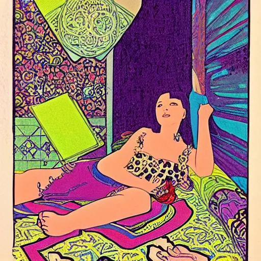 Image similar to rocker goth teen girl laying on the floor, writing on journal. 1970s colorful psychedelic bedroom. Trippy. Moscoso. Mucha.