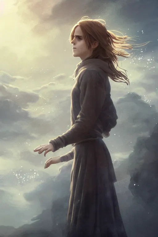 Image similar to Poster artwork, Emma Watson as Hermione Granger, fading, dissolving into light, vanishing, magnificent, medium shot, close up, details, sharp focus, elegant, highly detailed, illustration, by Jordan Grimmer and greg rutkowski and PiNe(パイネ) and 薯子Imoko and 香川悠作 and wlop!! and maya takamura, intricate, beautiful, Trending artstation, pixiv, digital Art