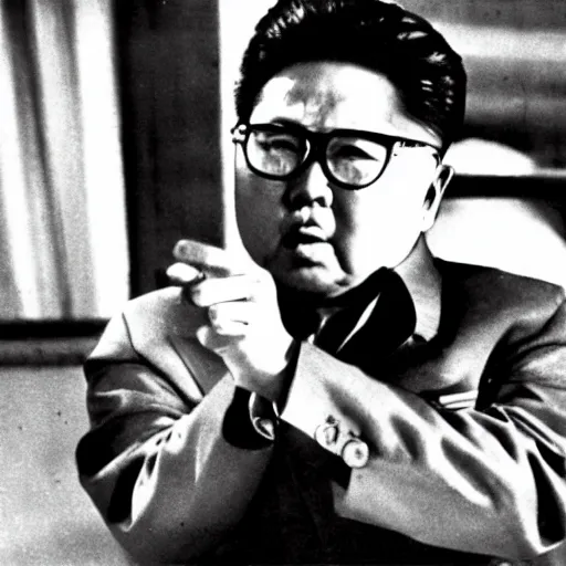 Prompt: a filmstill of Kim Jong-il, monster destroying Pyongyang, in Godzilla (1954) by Ishirō Honda