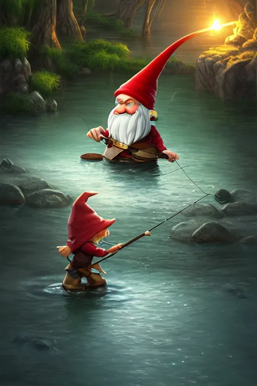 Image similar to legendary elegant gnome fishing in lake, highly detailed, d & d, fantasy, highly detailed, digital painting, trending on artstation, concept art, sharp focus, illustration, global illumination, ray tracing, realistic shaded, art by artgerm and greg rutkowski and fuji choko and viktoria gavrilenko and hoang lap