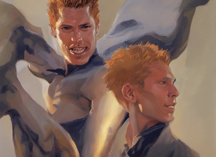 Prompt: a highly detailed beautiful portrait of johnny storm, by gregory manchess, james gurney, james jean