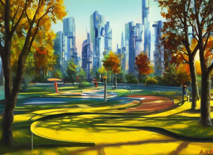 Image similar to bright beautiful oil painting of a futuristic city park by Alexander Labas