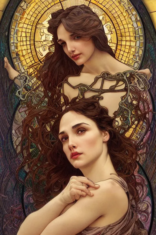 Prompt: gal Gadot, sensual woman, realistic detailed face portrait of Madonna by Alphonse Mucha, Ayami Kojima, Amano, Charlie Bowater, Karol Bak, Greg Hildebrandt, Jean Delville, and Mark Brooks, Art Nouveau, Neo-Gothic, gothic, rich deep moody colors, full body portrait