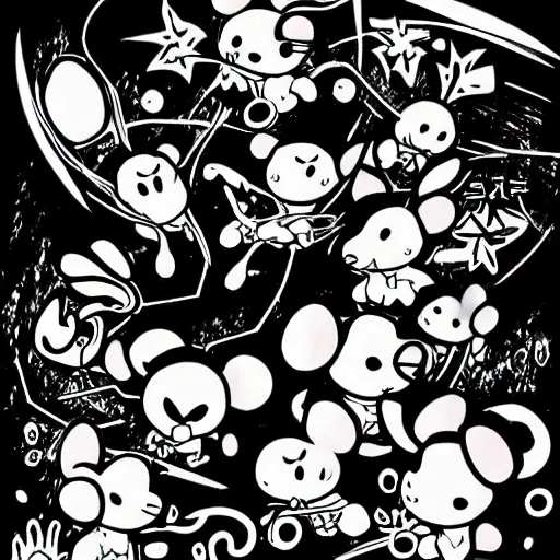 Image similar to mouse, illustrated by mato and ken sugimori, manga, black and white illustration