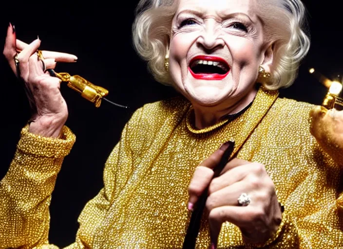 Image similar to publicity photo still of betty white as a gangsta rapper covered in gold chains, with grills in teeth and wearing a jumpsuit live on stage, 8 k, live concert lighting, mid shot