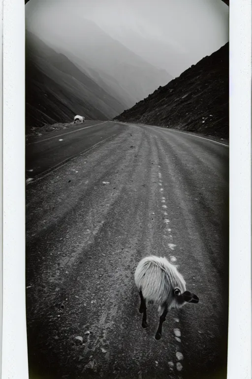 Image similar to photo polaroid of a sad and lonely child in the middle of a mountain road , Nepal,Himalayas, loneliness,,tahr , black and white ,photorealistic, 35mm film,