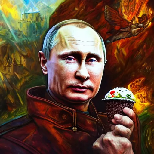 Prompt: portrait of ( ( ( vladimir putin ) ) ) inapocalyptic russia with icecream, hyperrealistic, digital concept art, sharp focus, 3 5 mm film, caricature illustration, art by magic realism, art by josephine wall, art by huang guangjian, art by viktoria gavrilenko, art by amanda sage, trending on artstation