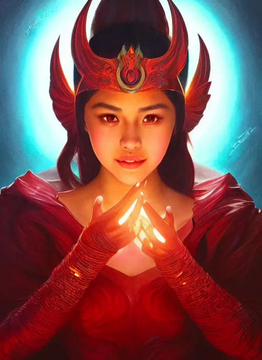 Image similar to liza soberano as darna, wax figure, glowing eyes, volumetric lights, red and cyan theme, art nouveau botanicals, intricate, highly detailed, digital painting, artstation, concept art, smooth, sharp focus, cinematic, illustration, beautiful face, art by artgerm and greg rutkowski and alphonse mucha