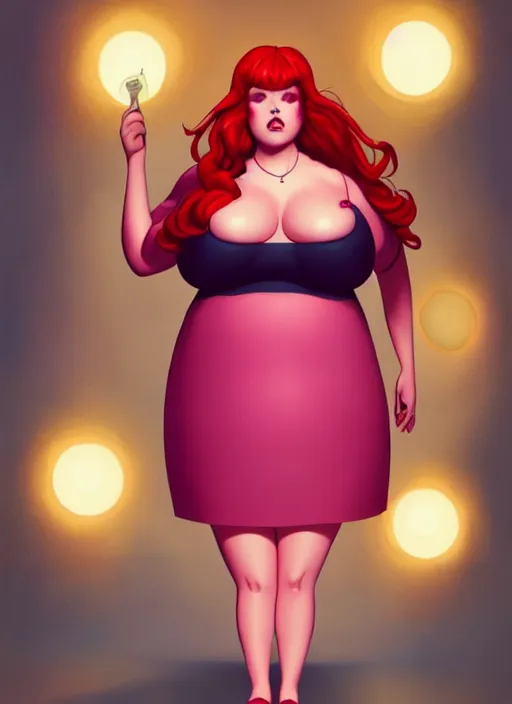 Image similar to full body portrait of teenage cheryl blossom, obese, bangs, sultry, realistic, red hair, sultry smirk, wavy hair, pink skirt, fat, obese, intricate, elegant, glowing lights, highly detailed, digital painting, artstation, concept art, smooth, sharp focus, illustration, art by wlop, mars ravelo and greg rutkowski