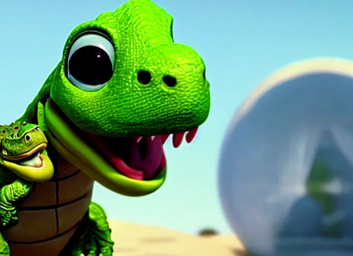 Image similar to film still of yoshi in the new sci - fi movie, cute upright dinosaur with a small turtle shell and long tongue, 8 k