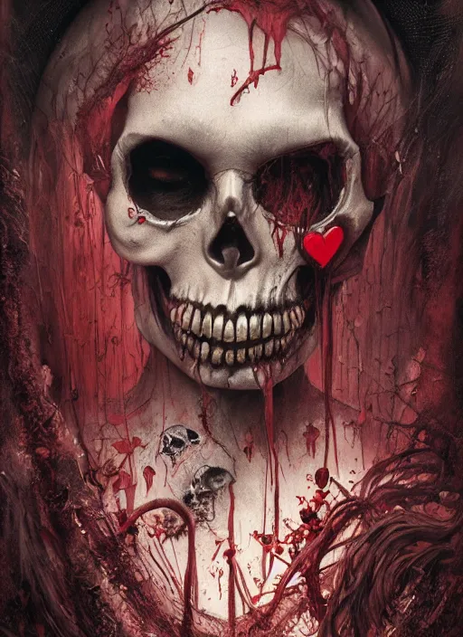 Image similar to Angry Queen of Hearts, Death Tarot card,highly detailed,half skull face,cinematic,8k,by Stanley Artgermm,Tom Bagshaw,Greg Rutkowski,Carne Griffiths, Ayami Kojima, Beksinski, Giger,trending on DeviantArt,hyper detailed,horror, full of colour