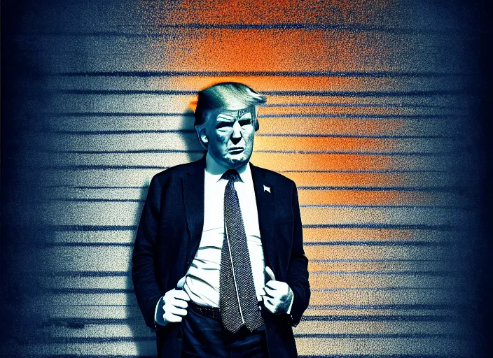 Image similar to Trump in prison, striped outfit ,handcuffed, Mads Berg, Karolis Strautniekas,stippled light, dramatic lighting,fine texutre, editorial illustration,matte print, film noir, dark blue+dark orange+orange+beige+black+white,dynamic composition,moody